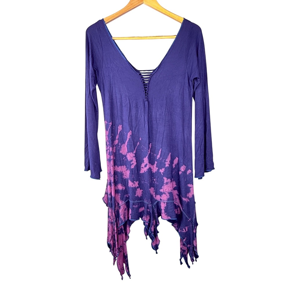 Bold Boho Tunic Dress Womens OS Purple Pink Tie Dye Sharkbite Hem Lattice V Neck